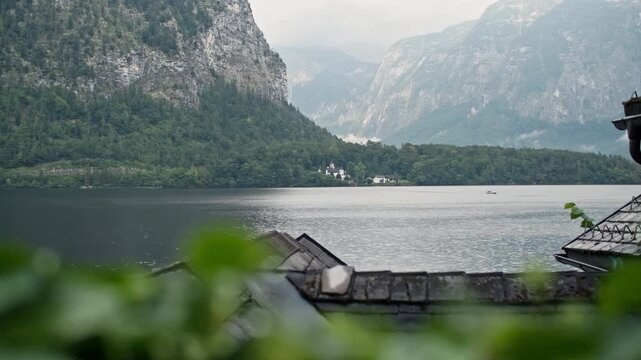 Traditional architecture and streets of Hallstatt Austria. Urban landscape of houses on the shore of an Alpine lake.