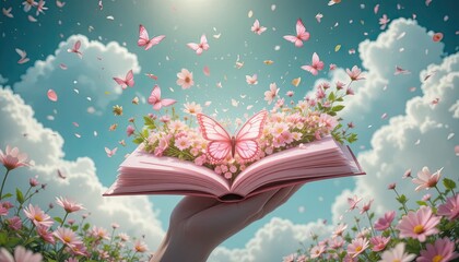 Whimsical hand holding open book with flowers and butterflies flying out