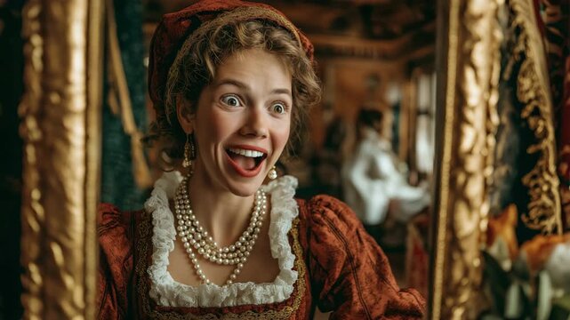 A young Caucasian woman dressed in a Renaissance costume glances at the mirror with a startled face. Beauty's emotional response to fashion and historical concepts