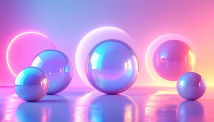 Futuristic 3D render of holographic iridescent spheres with soft neon lighting and reflective surfaces. Minimal modern scene suitable for technology, innovation, and abstract design backgrounds.