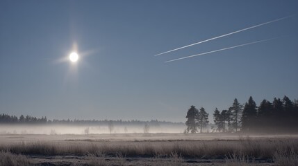 Bright winter sun shines over a frosty field enveloped in low lying mist with airplane contrails overhead