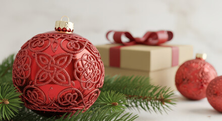 Festive Red Ornaments and Evergreen Branches for Winter Season Decor and Holiday Themed Backgrounds with a Gift Box in Soft Focus for Product Mockups