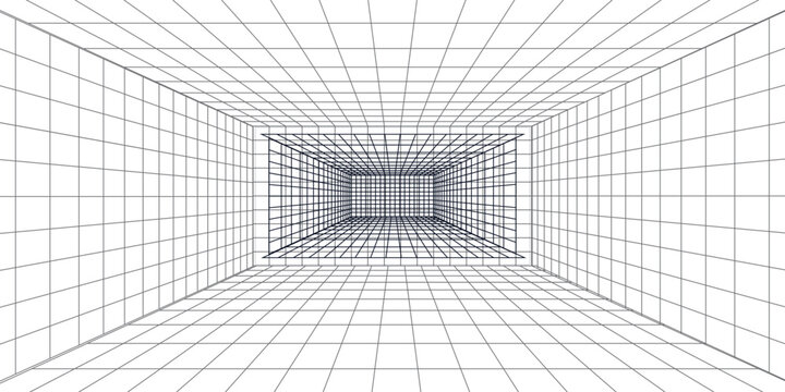 Perspective grid background. Empty futuristic digital box room