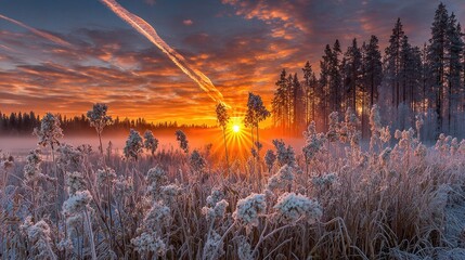Brilliant sunrise illuminates a frosty meadow bordered by a dense line of dark evergreen trees