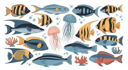Fototapeta premium Diverse collection of colorful tropical fish and graceful jellyfish illustrations representing the vibrant life of coral reefs.