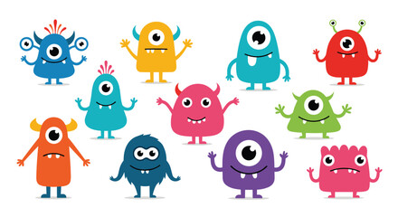 Obraz premium Collection of twelve diverse and colorful cute monsters with various eyes, horns, and expressions for children illustrations.