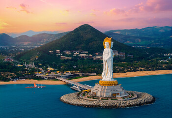 Aerial view of statue GuanYin at seaside in Nanshan buddhism center of Sanya, Hainan island China © Parilov
