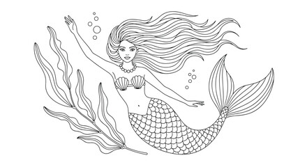 Graceful mermaid swimming among seaweed and bubbles in a detailed black and white line art illustration for coloring pages.