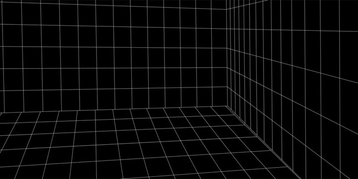Perspective view in grid room corner. 3 d corner of room in an unusual perspective. Abstract geometric design background