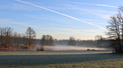Clear morning sky shows contrasting contrails above a misty lake shore and frosty field