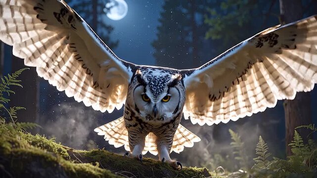 Hyper-Realistic Owl Landing at Night in Moonlit Forest, Silent Wings Spread, Nocturnal Predator in Flight, Cinematic Wildlife Action, Ultra High Definition Nature Scene