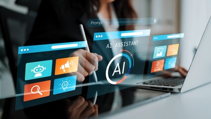 Professional working on laptop with digital interface showcasing AI assistant features and tools in modern office environment for business solutions Gluon.