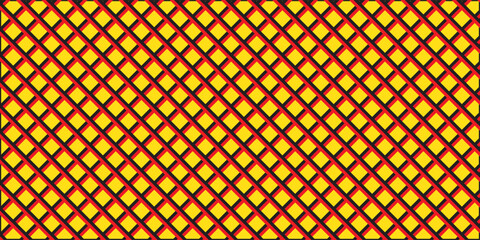 Geometric diamond grid pattern with diagonal cross lines. Abstract repeating background in yellow and red colors. Lattice texture for textile, wrapping paper, poster, and graphic design.