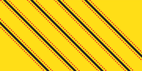 Geometric diagonal line pattern with red dotted details. Abstract repeating background in yellow, black, and red colors. Modern decorative texture for textile and surface design.