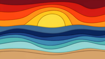 Fototapeta premium Vibrant abstract landscape with layered colors and wavy patterns.