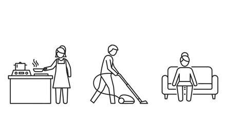 Obraz premium daily home routine vector illustration depicting people cooking vacuuming and relaxing on a couch suitable for lifestyle graphics
