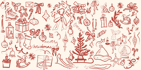 Hand Drawn Christmas Doodles Set in Red Line Art