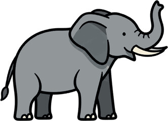 Fototapeta premium An adorable cartoon illustration of a gray elephant with a raised trunk and tusks, showcasing its friendly and gentle nature in a simple, clean design perfect for children's content