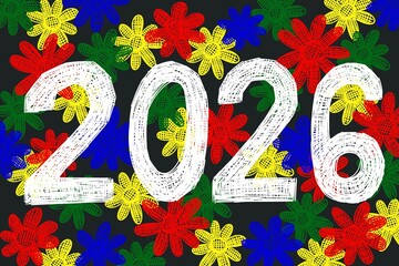 2026 number and colorful flowers background doodle illustration