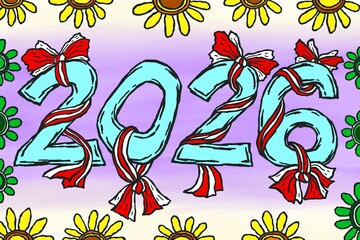 2026 number with ribbon doodle color illustration