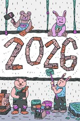 Animals decorate 2026 sign doodle color illustration
