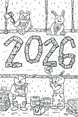 Animals decorate 2026 sign doodle sketch illustration