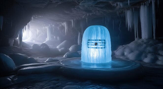 Amarnath Style Ice Shivling with Soft Glow Inside Sacred Cave