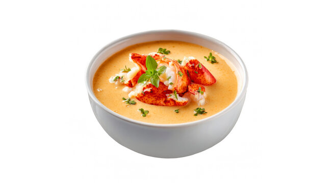 A rich and creamy lobster bisque adorned with succulent lobster pieces and fresh herbs, served in a white bowl