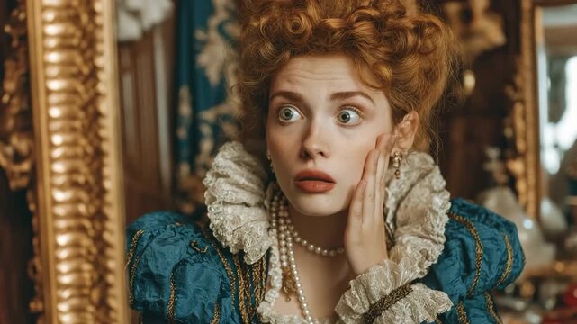 A young Caucasian woman dressed in a Renaissance costume glances at the mirror with a startled face. Beauty's emotional response to fashion and historical concepts