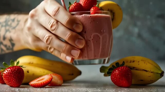 Chilled strawberry and banana smoothie garnished with berries and a straw.