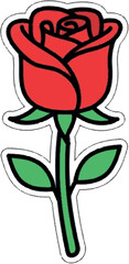 Vibrant red rose illustration with a green stem and leaves, a classic stylized graphic design element symbolizing love and beauty, perfect for digital stickers and various creative projects