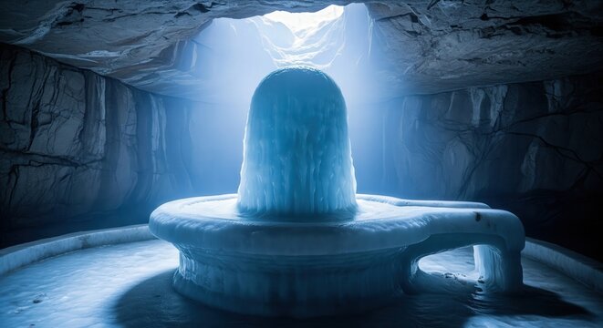 Amarnath Ice Shivling with Soft Daylight Inside Sacred Cave