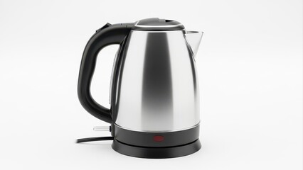 Shiny stainless steel electric kettle with black handle and base, red indicator light, white background highlighting modern kitchen appliance design