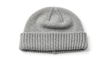 Gray knitted beanie hat warm winter clothing accessory for cold weather casual headwear fashion item isolated on white background with soft shadow