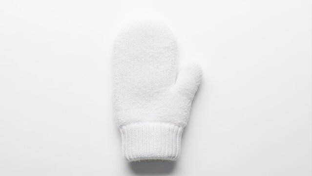 Soft fuzzy white winter mitten with knitted cuff and thumb presented flat on a clean white studio background, perfect for cold weather warmth and cozy comfort during frosty seasons