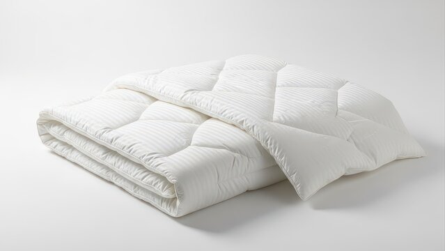 White quilted down comforter duvet with striped pattern neatly folded on white background providing soft and warm bedding for comfort