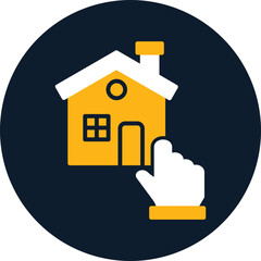 Obraz premium Yellow house icon with white roof and hand cursor on dark blue circle