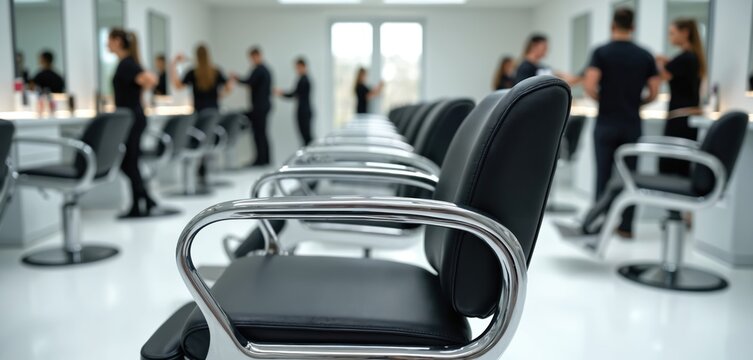 Modern salon interior with rows of black barber chairs. Stylists in uniform teach students hair cutting techniques. Future hairdressers learn skills.