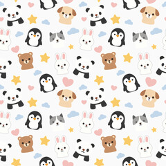 Obraz premium Playful pattern with charming animal: A whimsical pattern composed of endearing animals: panda bears, penguins, rabbits, bear and puppy.