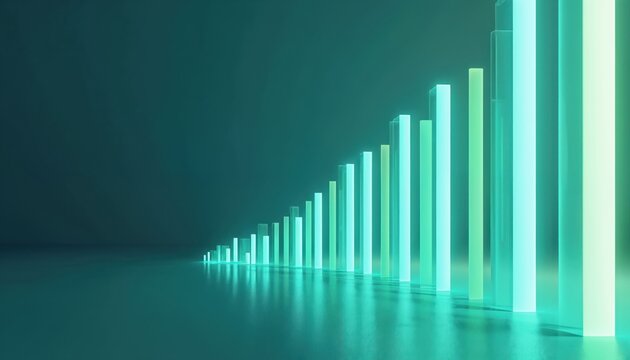 Bars ascend in order showing progress. Lights glow aqua and green colors. Clean modern backdrop reflects bar graph. Finance success concept.