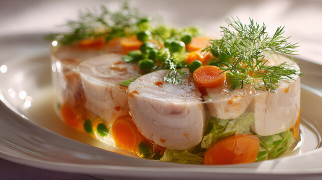 Schab w galarecie z marchewką, groszkiem i koperkiem podany na białym talerzu.