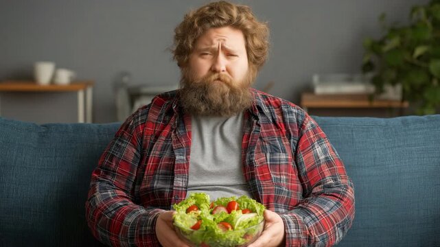 A obese, overweight man thinks about his food, health, and salad. He weighs quantities and nutrients on a couch at home.