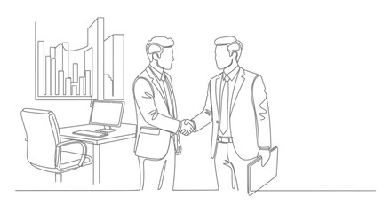 business handshake between two professional men confirming a corporate agreement in a modern office setting with charts symbolizing partnership.