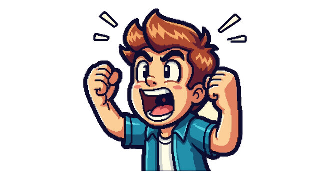 angry pixel art boy yelling with raised fists a cartoon character expressing intense frustration for game ui apps and digital media.