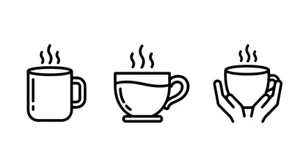 Warm Line Icons: Steaming Coffee Mugs and Hands Cupping a Hot Drink