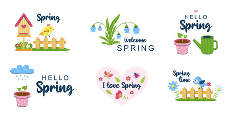 Hello Spring illustration set. 6 simple cards with birds and flowers. Cute hand drawn Vector illustration on white background. © plaksik13