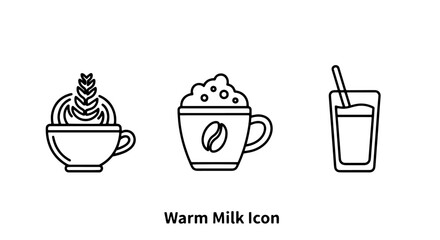 Fototapeta premium Three minimalist line icons of coffee and beverage cups, including latte art, whipped cream with coffee bean, and iced drink with straw, representing cafe drinks.
