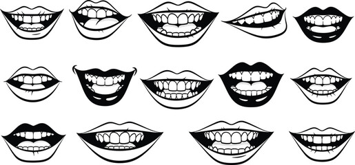 Black and white cartoon mouths with teeth and lips smiling