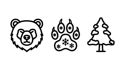 Fototapeta premium Winter Wildlife & Nature Icons: Bear Face, Snowy Paw Print, and Evergreen Tree
