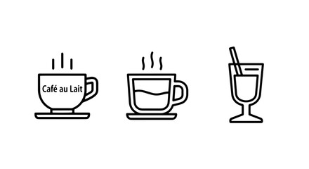 Icons of Hot Coffee, Cafe au Lait, and Iced Drink with Straw for Beverage Service
